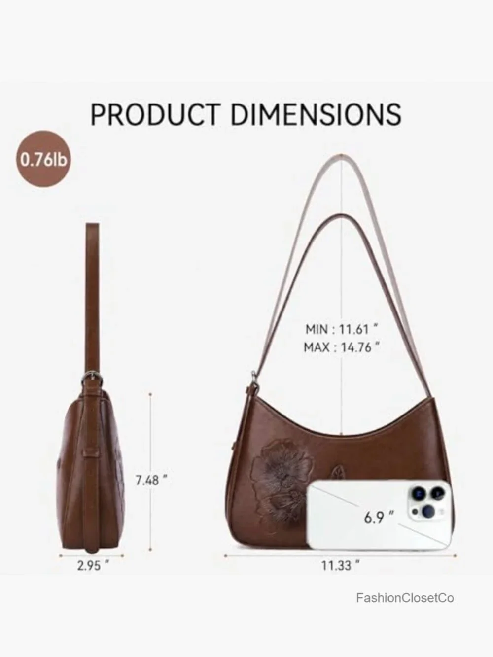 Small Vegan Leather Hobo Crossbody Purse with Floral Embossed Adjustable Strap